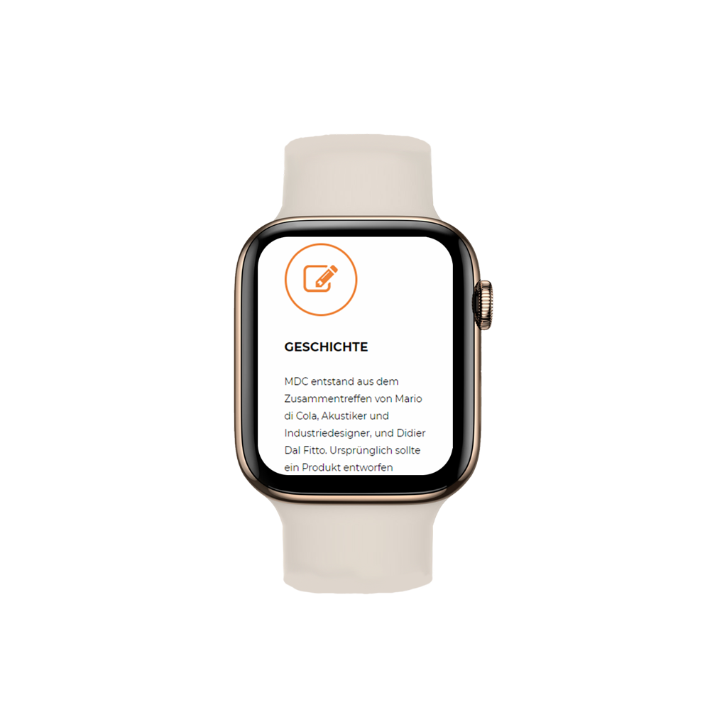 Webseite mdcaudio.ch von Kupfertext auf Applewatch dargestellt.