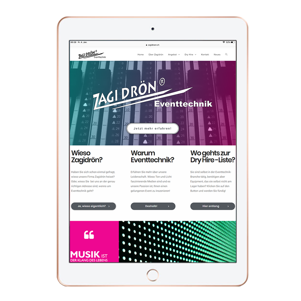 Webseite zagidroen.ch von Kupfertext auf iPad dargestellt.